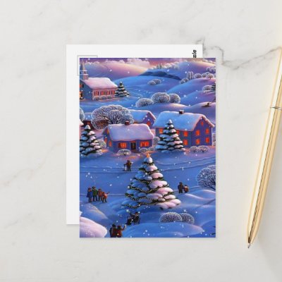 Vintage Blue Christmas Winter Wonderland Snow Postcard