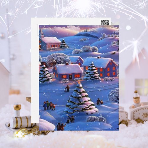 Vintage Blue Christmas Winter Wonderland Snow Postcard
