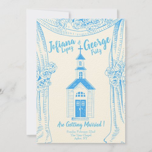 Vintage Blue Church Wedding Invitation