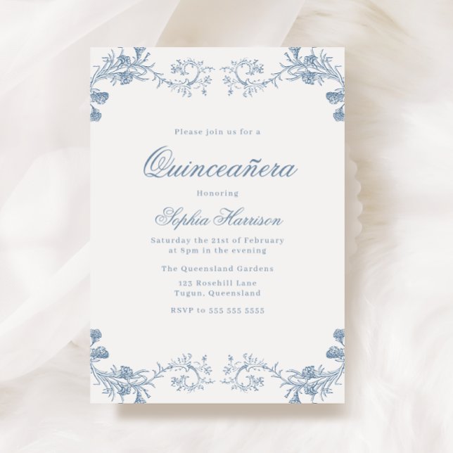 Vintage Blue Classic Elegant Quinceanera Invitation (Creator Uploaded)