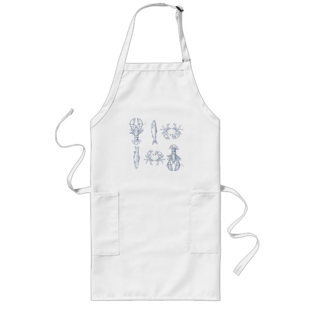 Vintage Blue Coastal Seafood Sketches – Lobster,  Long Apron (Front)