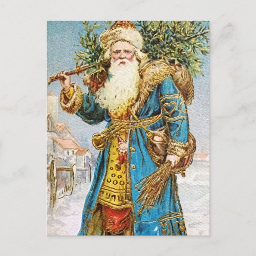 Vintage Blue Coat Santa Claus with Christmas Tree Holiday Postcard