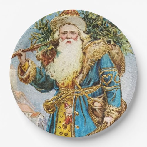 Vintage Blue Coat Santa Claus with Christmas Tree Paper Plates