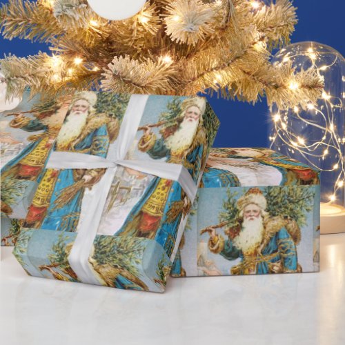 Vintage Blue Coat Santa Claus with Christmas Tree Wrapping Paper