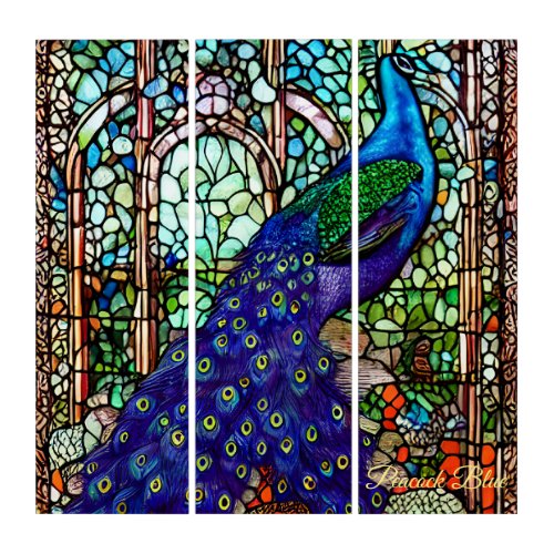 Vintage Blue Colorful Peacock Stained Glass Triptych