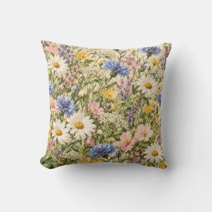 Vintage Blue Cornflower Wildflower Meadow Throw Pi Pillow