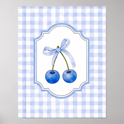 Vintage Blue Cottagecore Blueberries Gingham Poster