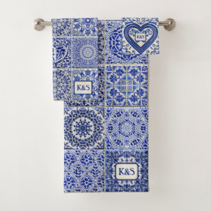 Vintage Blue Country Cottage Tiles with initials B Bath Towel Set
