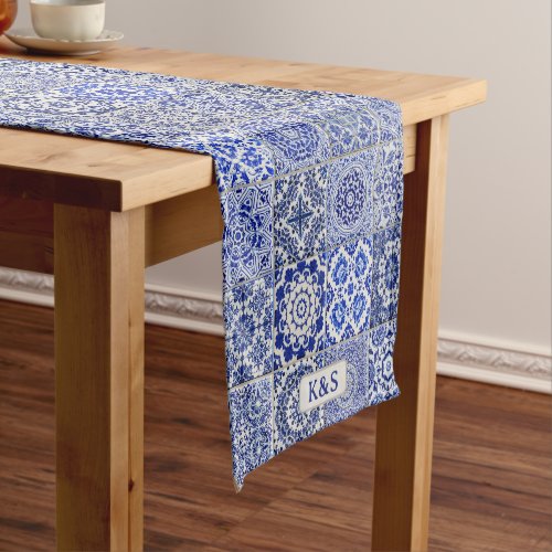 Vintage Blue Country Kitchen Tiles with Initials Short Table Runner