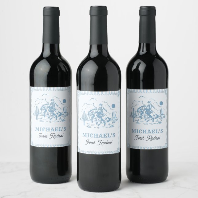 Vintage Blue Cowboy 1st Birthday Party Wine Label (Bottles)
