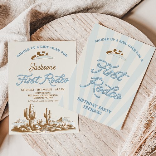 Vintage Blue Cowboy First Rodeo 1st Birthday  Invitation