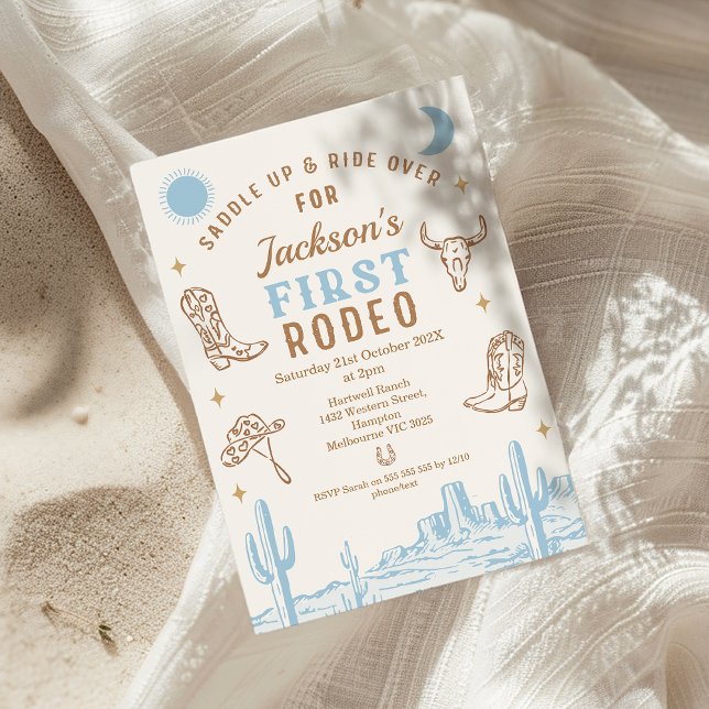 Vintage Blue Cowboy First Rodeo 1st Birthday Invitation (Boys Blue Brown First Rodeo Birthday Invitation, Cowboy First Rodeo 1st Birthday Invitation, Western)