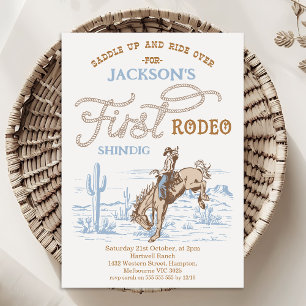 Vintage Blue Cowboy First Rodeo 1st Birthday  Invitation
