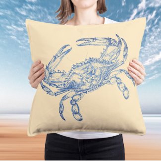 Vintage  blue  crab no2   throw pillow