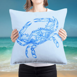 Vintage blue crab throw pillow