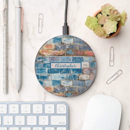 Vintage Blue Cream and Rust Colored Brick Wall Wireless Charger