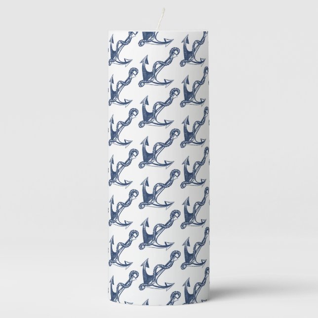 Vintage Blue Cream Nautical Anchor Pattern Pillar Candle (Front)