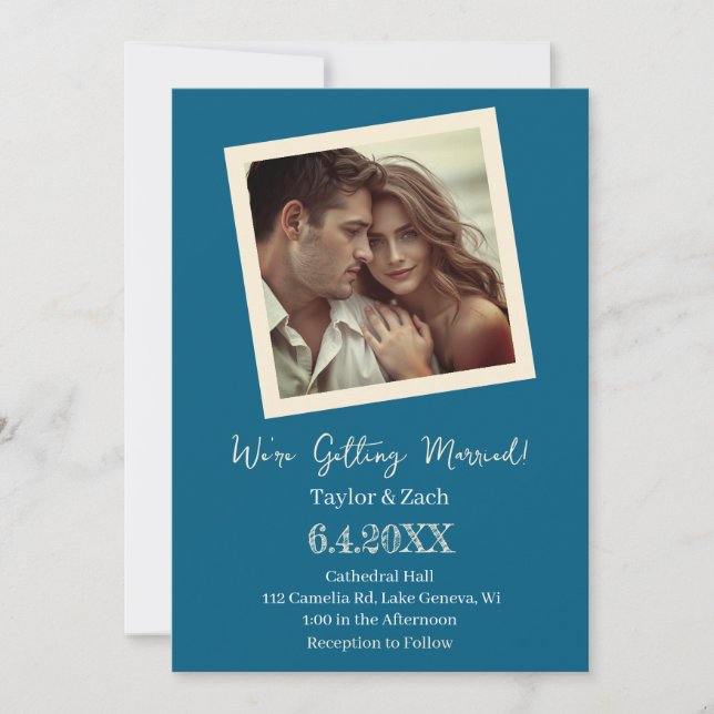 Vintage Blue & Cream Retro Photo Wedding Invitation (Front)