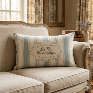 Vintage Blue & Cream Striped French Country Lumbar Pillow