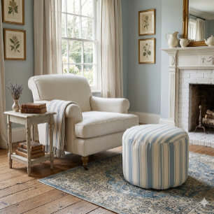 Vintage Blue & Cream Striped French Country Pouf