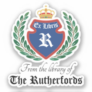 Vintage Blue Crest Monogram Crown Wreath Ex Libris Sticker
