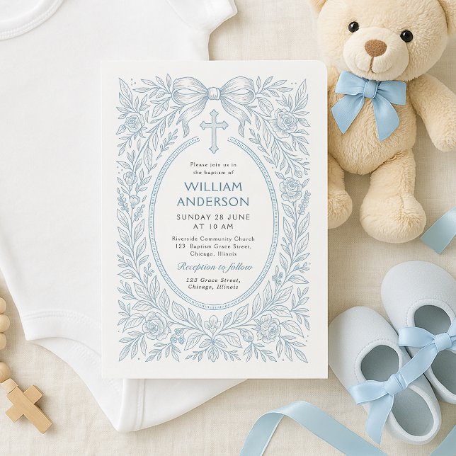 Vintage Blue Cross Floral Baptism Invitation (Vintage blue cross baptism invite styled with baby shoes, teddy bear, and soft fabric)