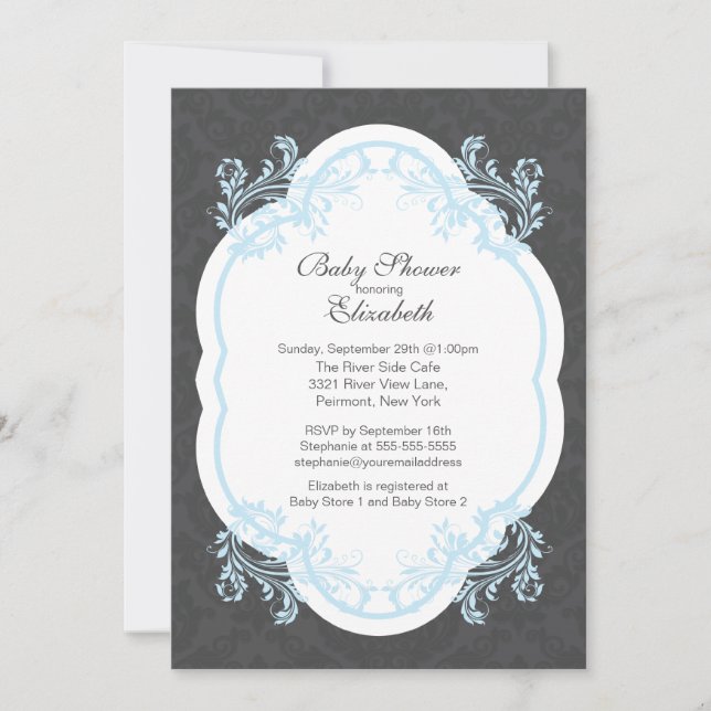 Vintage Blue Damask Boys Baby Shower Invitation (Front)