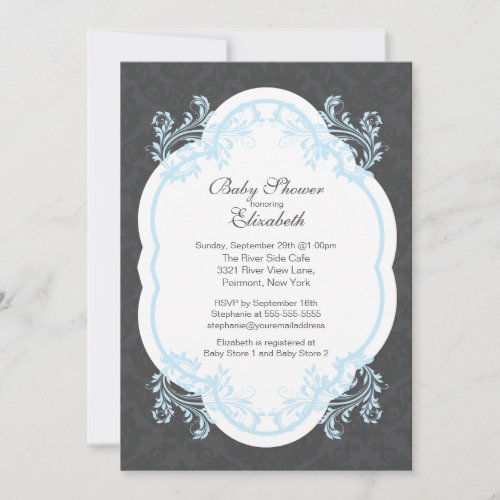 Vintage Blue Damask Boys Baby Shower Invitation