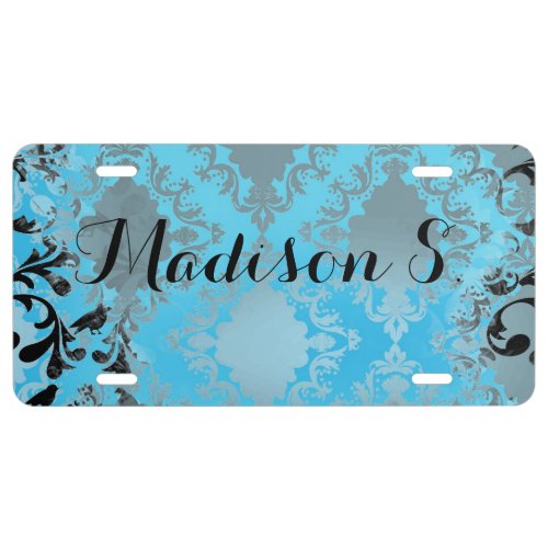 Vintage Blue Damask Distressed License Plate