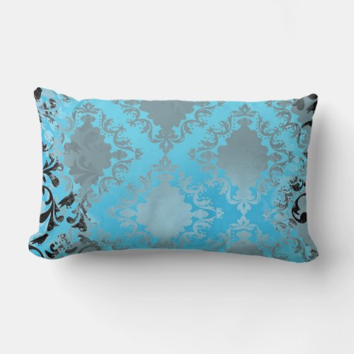 Vintage Blue Damask Distressed Lumbar Pillow