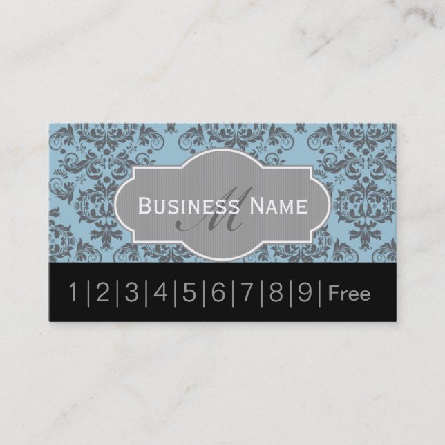 Vintage Blue Damask Hair Salon Loyalty Punch Card (Front)