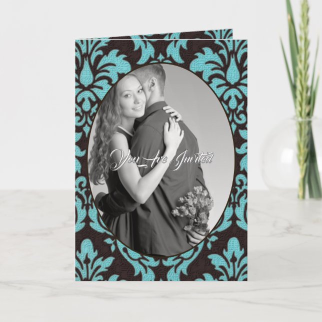 Vintage Blue Damask Photo Wedding Bi-fold Invitation (Front)