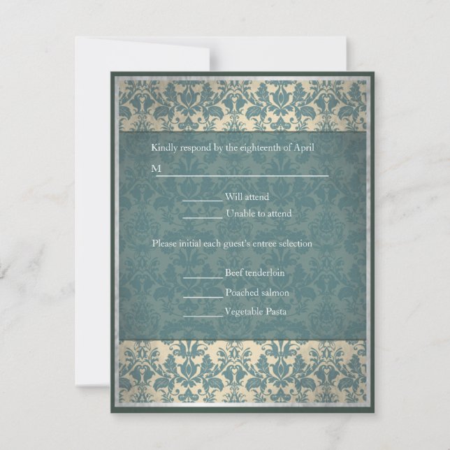 Vintage Blue Damask wedding RSVP Card (Front)