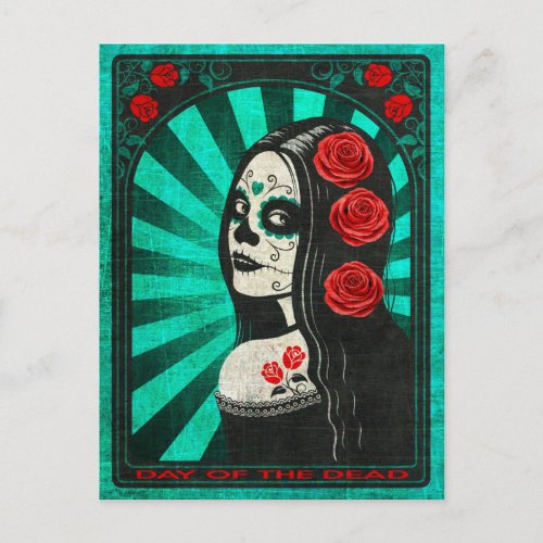 Vintage Blue Day of the Dead Girl Postcard