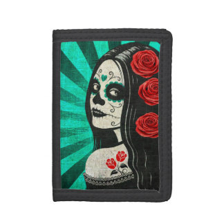 Vintage Blue Day of the Dead Girl Tri-fold Wallet