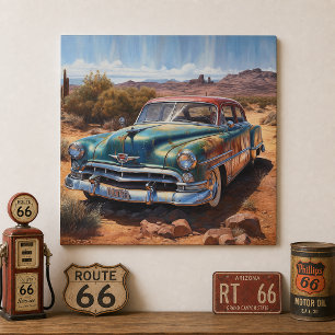 Vintage Blue Desert Car Classic Route 66 Art