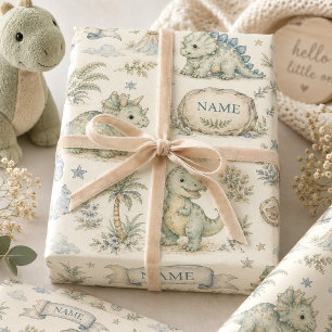 Vintage Blue Dinosaur Nursery Custom Name Wrapping Paper Sheets