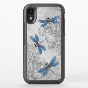 Vintage Blue Dragonflies on Gray Grunge Damask OtterBox Symmetry iPhone XR Case