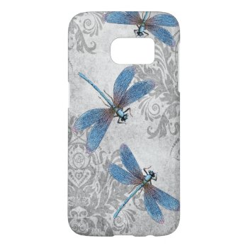 Vintage Blue Dragonflies On Grunge Damask Pattern Samsung Galaxy S7 Case by encore_arts at Zazzle