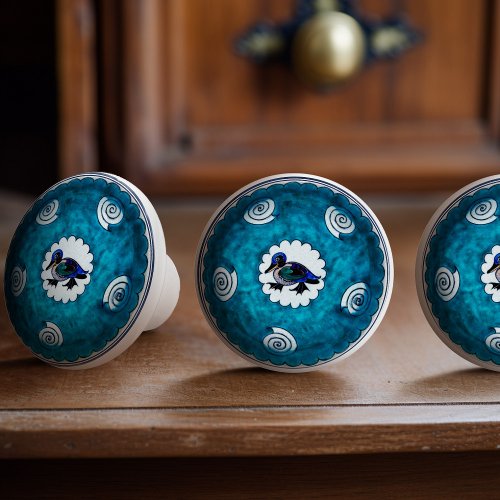 Vintage Blue Duck and Shells William de Morgan Ceramic Knob