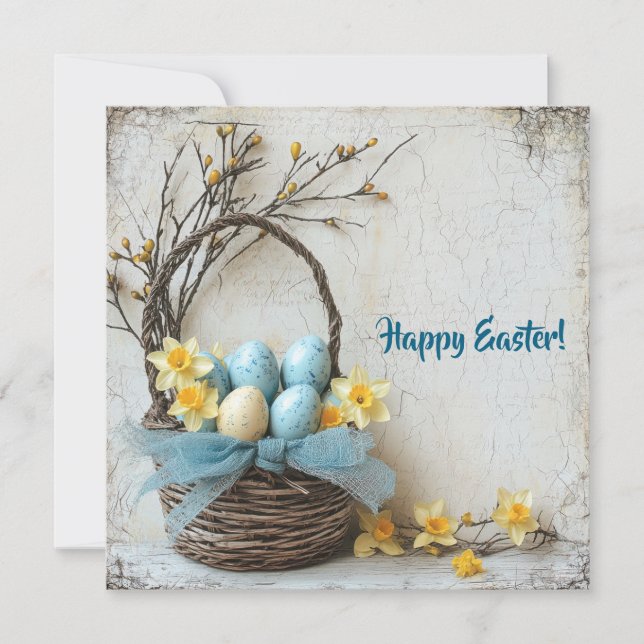 Vintage blue Easter eggs watercolor daffodils Holiday Card (Front)