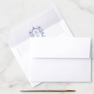 Vintage blue elegant floral crest monogram wedding envelope liner