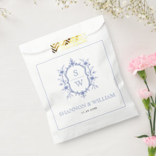 Vintage blue elegant floral crest monogram wedding favor bag