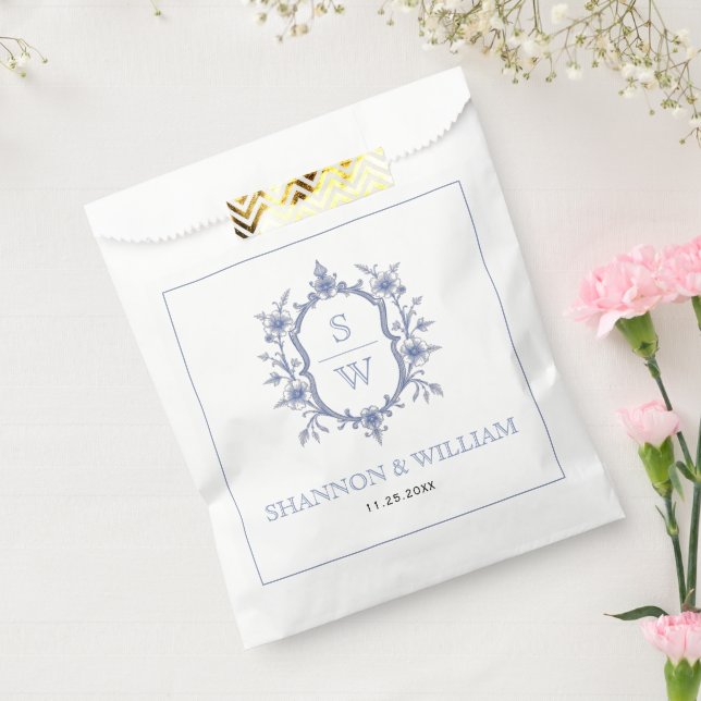 Vintage blue elegant floral crest monogram wedding favor bag (Sealed)