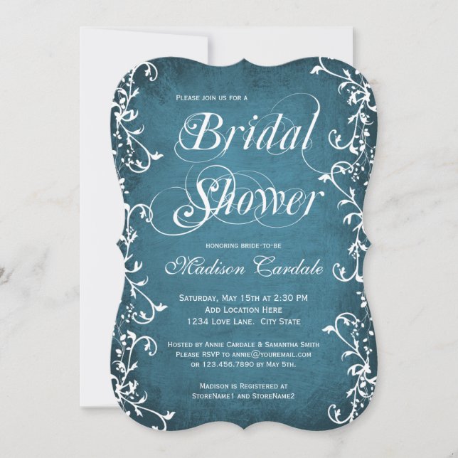 Vintage Blue Elegant Flourish Bridal Shower Invite (Front)