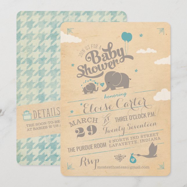 Vintage Blue Elephant Baby Shower Invitations (Front/Back)