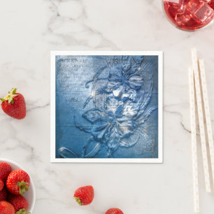 Vintage Blue Embossed Floral Motif Pattern Glitter Napkins