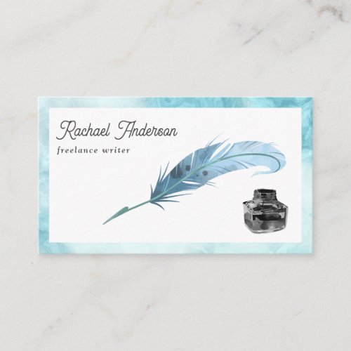 Vintage Blue Feather Quill Pen QR Code Writer Business Card