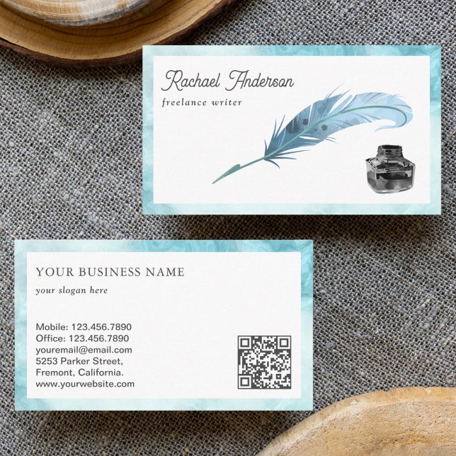 Vintage Blue Feather Quill Pen QR Code Writer Business Card (Creator Uploaded)
