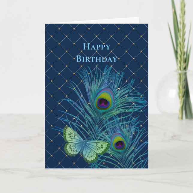 Vintage Blue Feathers Butterfly Birthday Card (Front)